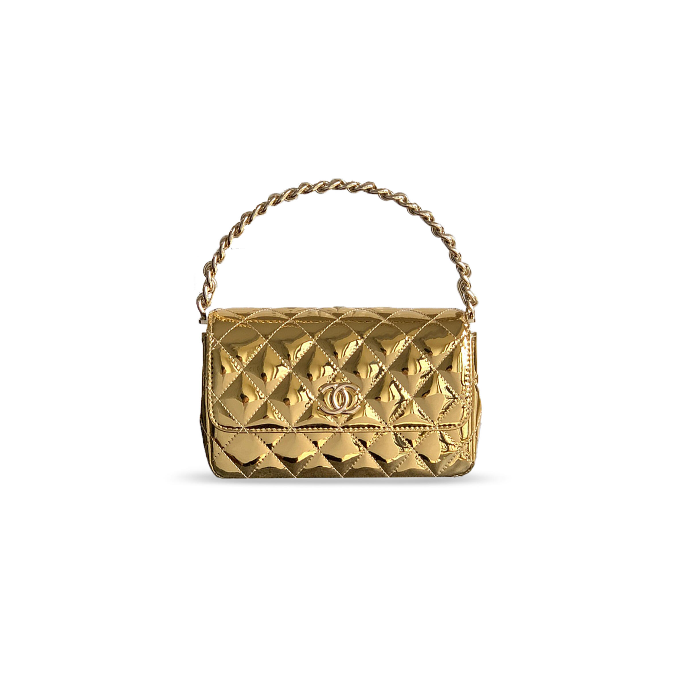 CHANEL MASTER HANDLE FLAP BAG PATENT CALFSKIN & GOLD METAL GOLD 496588 (18.5*10.5*8cm)